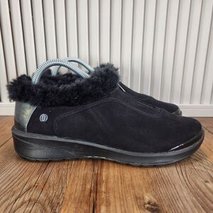 Bzees Golden Zip Arch Support Shoes Women 8.5M Black Suede Faux Fur Trim Fashion